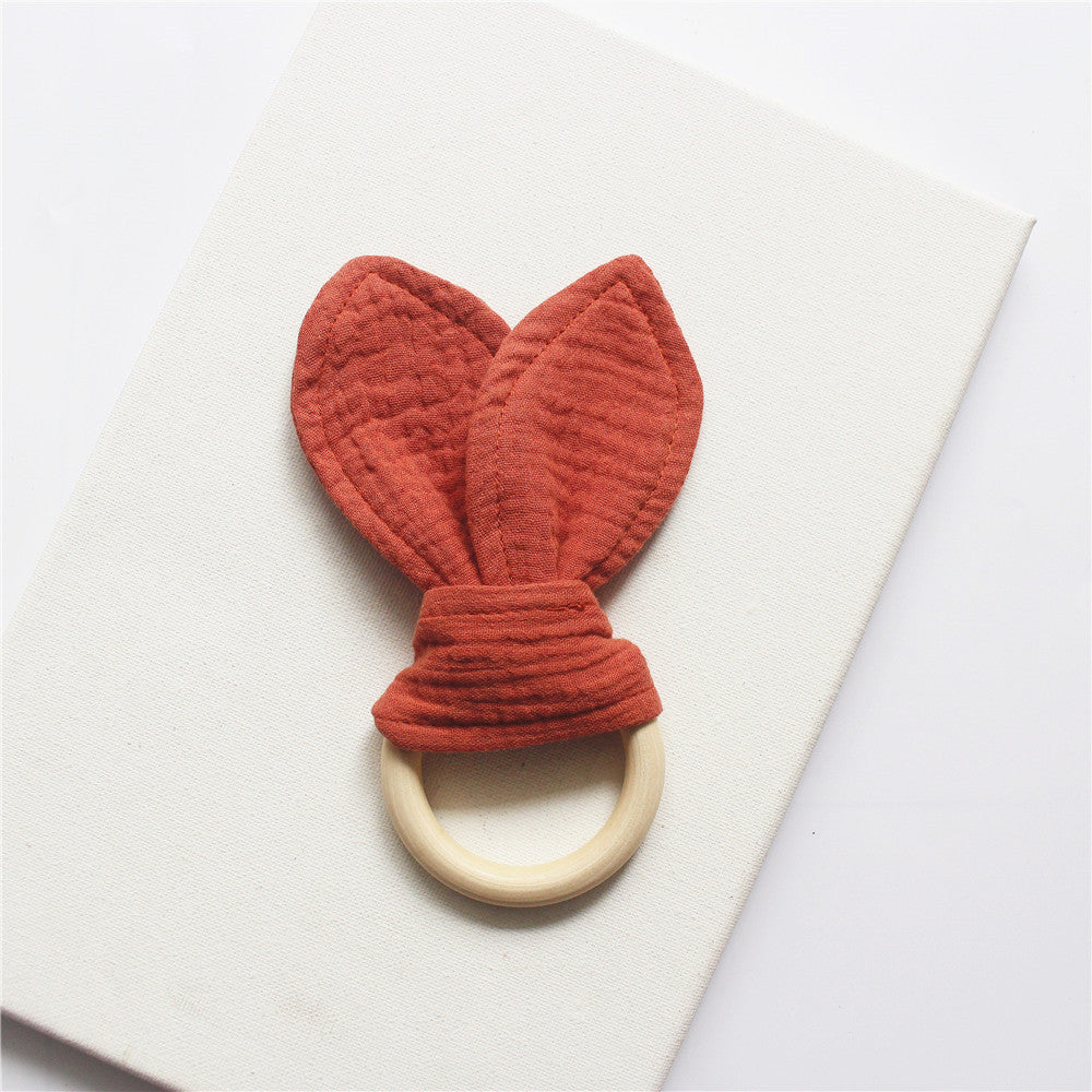 Baby Rabbit Ear Biting Ring Cotton Gauze Wooden Teething Toy