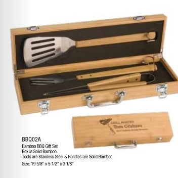 4- piece Customizable BBQ Grill set in Bamboo case
