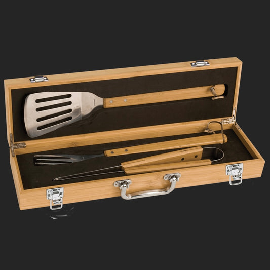 4- piece Customizable BBQ Grill set in Bamboo case