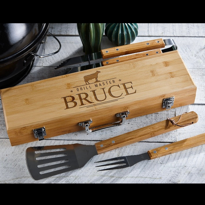 4- piece Customizable BBQ Grill set in Bamboo case