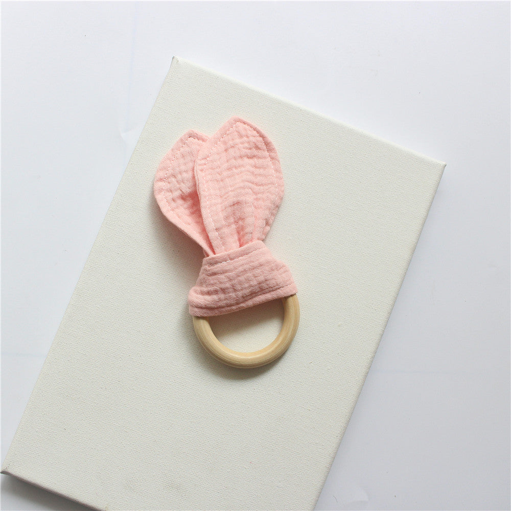 Baby Rabbit Ear Biting Ring Cotton Gauze Wooden Teething Toy